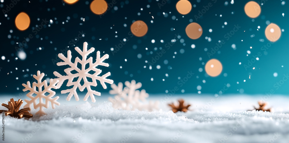 Poster snowflakes gently fall on snowy ground, creating serene winter scene with soft bokeh lights in backg