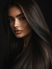 Young brunette woman with long glossy hair against a soft black background featuring ample empty copyspace for text and design elements.