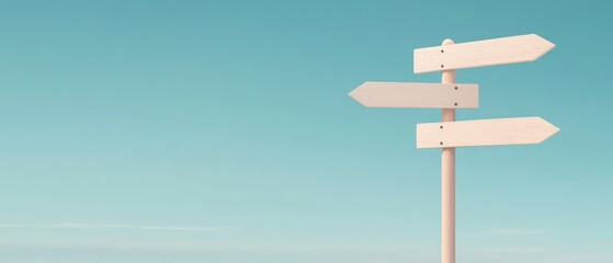 Empty white wooden directional signpost with three blank arrows against clear turquoise gradient sky background in minimalist style. Generative AI