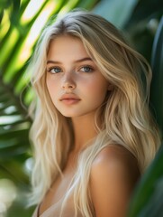 Fototapeta premium Radiant young blonde woman with flawless skin and natural makeup against lush green tropical leaves, focusing on her hair care and beauty.