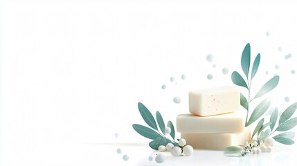 Gentle Soap Bars with Eucalyptus Leaves and White Flowers on White Background
