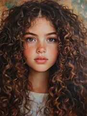 Fototapeta premium Beautiful young girl with voluminous curly hair and captivating gaze, warm tones, large portrait with soft background ideal for text placement.
