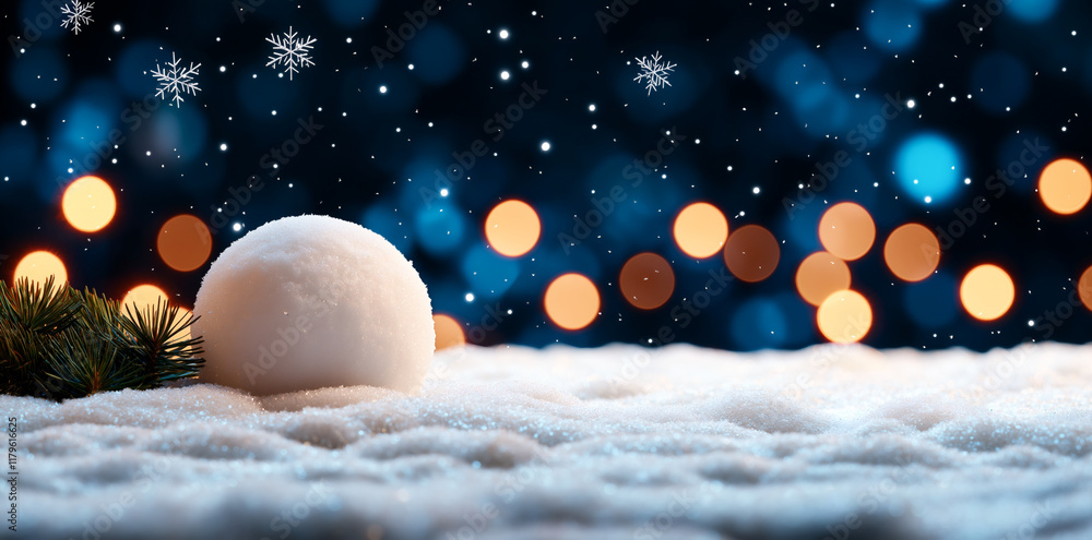 Poster serene winter scene featuring snowball on snowy surface, surrounded by soft bokeh lights and falling