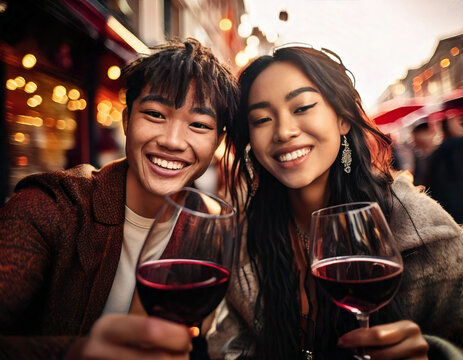 Una pareja de j&oacute;venes alegres y divertidos haci&eacute;ndose un selfi mientras toman una copa de vino tinto, AF