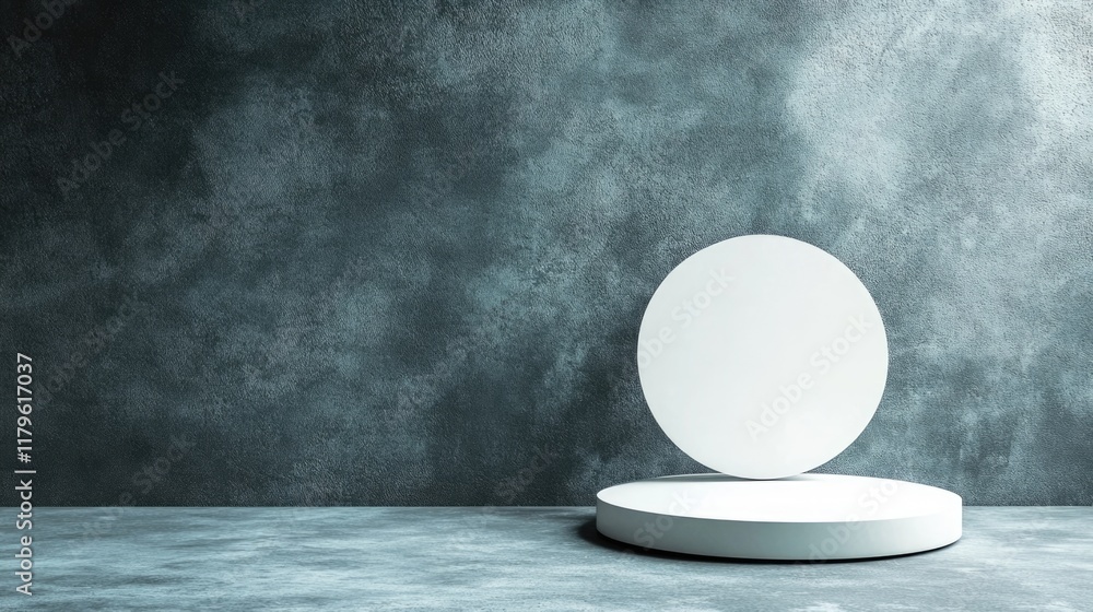 Poster conceptual design inspiration featuring white circular and round display stands on textured gray bac