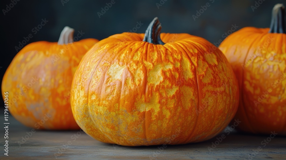 Poster colorful halloween pumpkins arranged on a rustic wooden surface with deep green backdrop featuring a