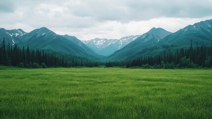 A serene valley surrounded by mountains, featuring lush green grass and a cloudy sky, evoking a peaceful natural landscape.