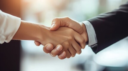 Business handshake between a car dealership salesman and a satisfied female customer indoors in a bright showroom showcasing vehicle finance agreement success.