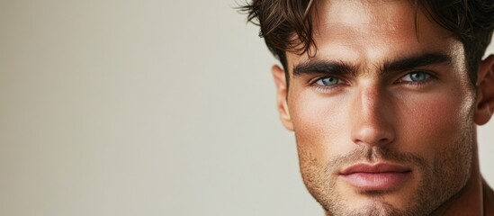 Naklejka premium Stylish close-up portrait of an attractive male model with striking blue eyes and tousled dark hair against a soft neutral background ideal for copyspace.