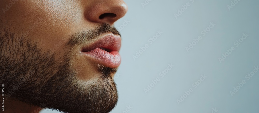 Aufkleber close-up profile of a man's lips and beard with soft skin tones and muted blue background, featuring