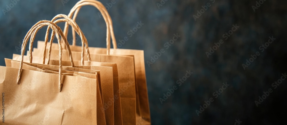 Poster close up of brown paper bags on a dark textured background with ample empty space for text and brand