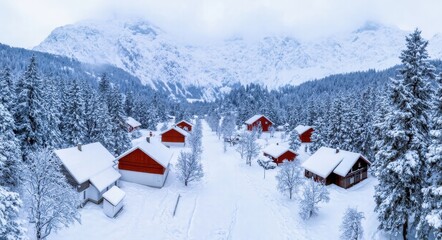 Snow-Covered Nordic Village.