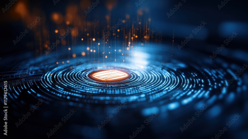Poster bright circular light illuminating a vibrant blue and orange background creating a bold and dynamic 