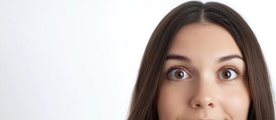 Fototapeta premium Cheerful young woman with expressive eyes smiling against a clean white background, ideal for text overlay, emphasizing bright positivity and openness.