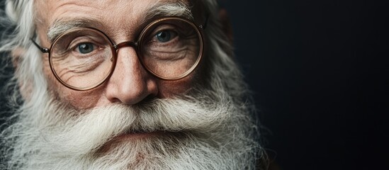 Close up portrait of jovial elderly Santa Claus with white beard and glasses against dark background with ample copyspace for text and messaging