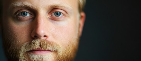 Obraz premium Close up portrait of a man with blonde beard and striking blue eyes against a dark background offering ample copyspace for text.