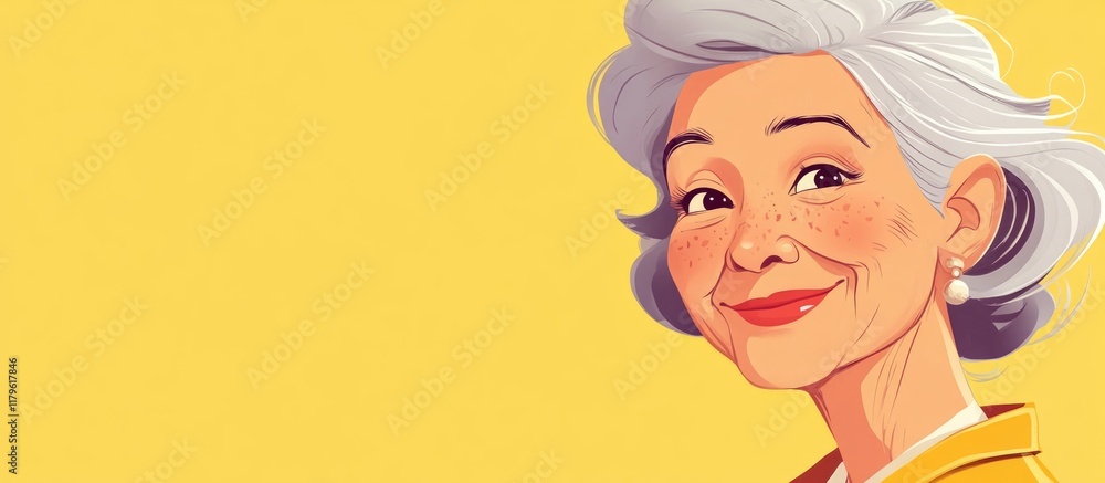 Poster smiling senior woman with silver hair and freckles in a bright yellow home setting with ample empty 
