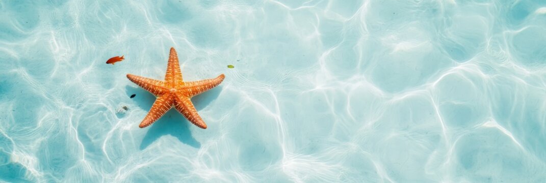 Orange starfish is lying underwater on a clear sandy seabed with ripples and drops on turquoise water surface creating a soothing summer seascape