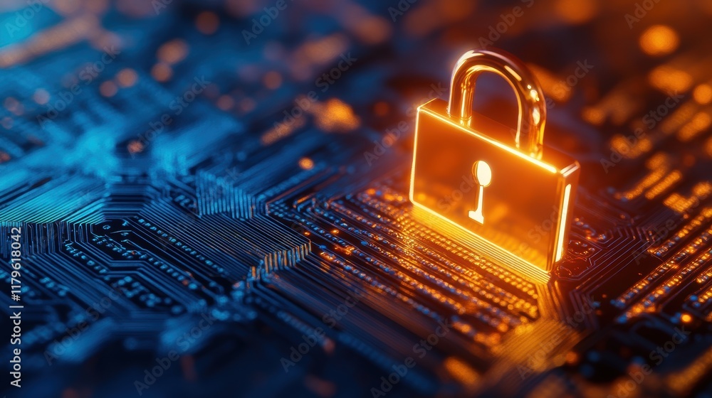 Poster a rusty padlock resting on a complex circuit board symbolizing security and technology in a modern d