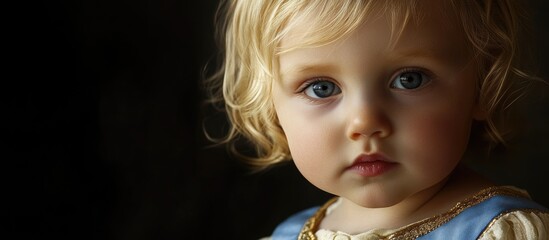 Closeup portrait of an adorable blond baby girl with captivating blue eyes and soft golden curls against a dark background with ample copyspace for text