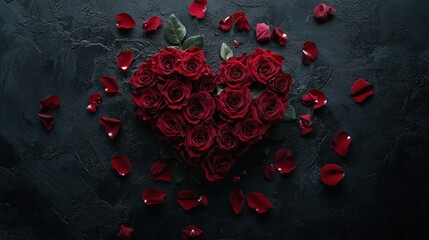 Romantic Red Roses Heart Arrangement with Petals on Dark Background