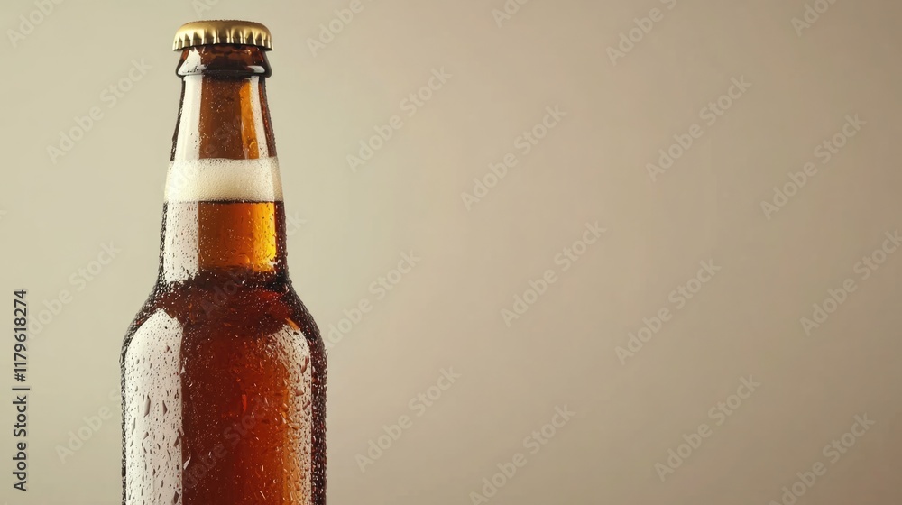 Poster craft beer bottle with frosted surface against soft beige background featuring empty space for custo