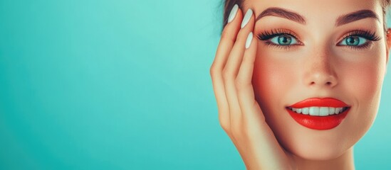 Vibrant portrait of a playful woman with striking red lips and bright blue eyes, playfully covering her face with a manicured hand against a soft blue background, featuring ample space for copy.
