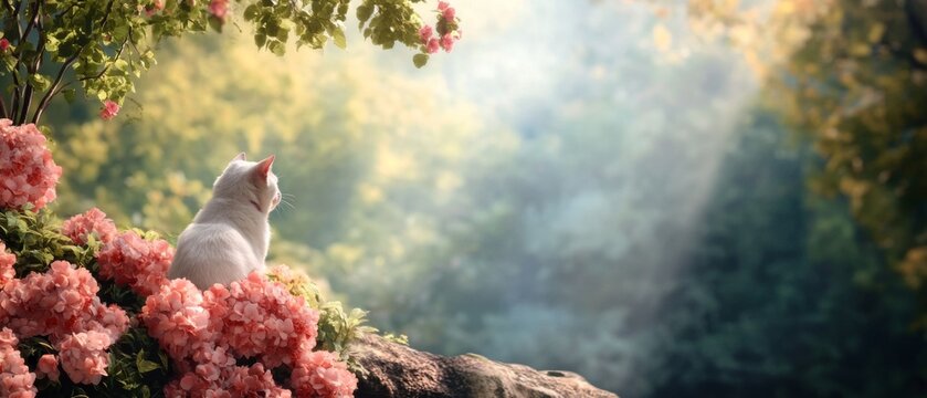 Animal wellness and recovery in a tranquil outdoor environment, illustrating a pet surrounded by nature, gentle sunlight, and natural healing elements, promoting emotional and physical recovery