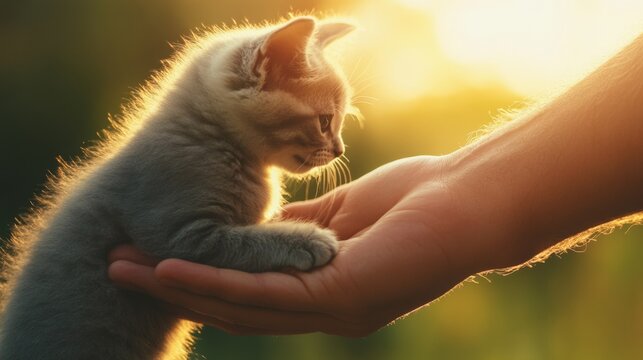 Animal wellness in a peaceful environment, showing a person bonding with their pet in a serene outdoor setting with soft sunlight, showcasing mutual trust and care