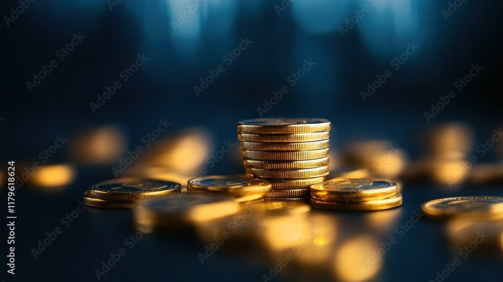 Poster stack of gleaming coins on a softly blurred background symbolizing wealth prosperity and financial g