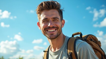 Naklejka premium A carefree young traveler, sporting a rugged beard and short hair, struts across a vast expanse of brilliant blue sky dotted with puffy white clouds, his trusty tan backpack slung casually over one sh