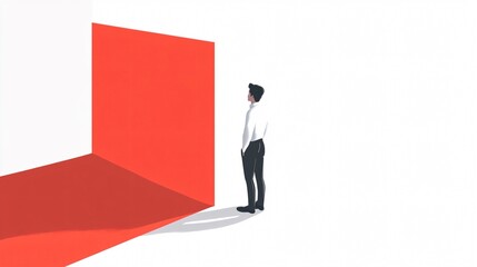 Obraz premium Man Contemplating by Red Wall - Abstract Art of Introspection and New Beginnings