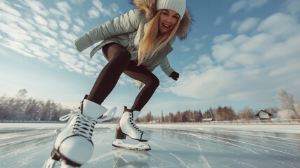 Woman joyfully ice skating on a sunny frozen lake.