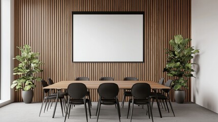 A modern conference room featuring a wooden wall, a large blank projector screen, a long table, and black chairs surrounded by potted plants.