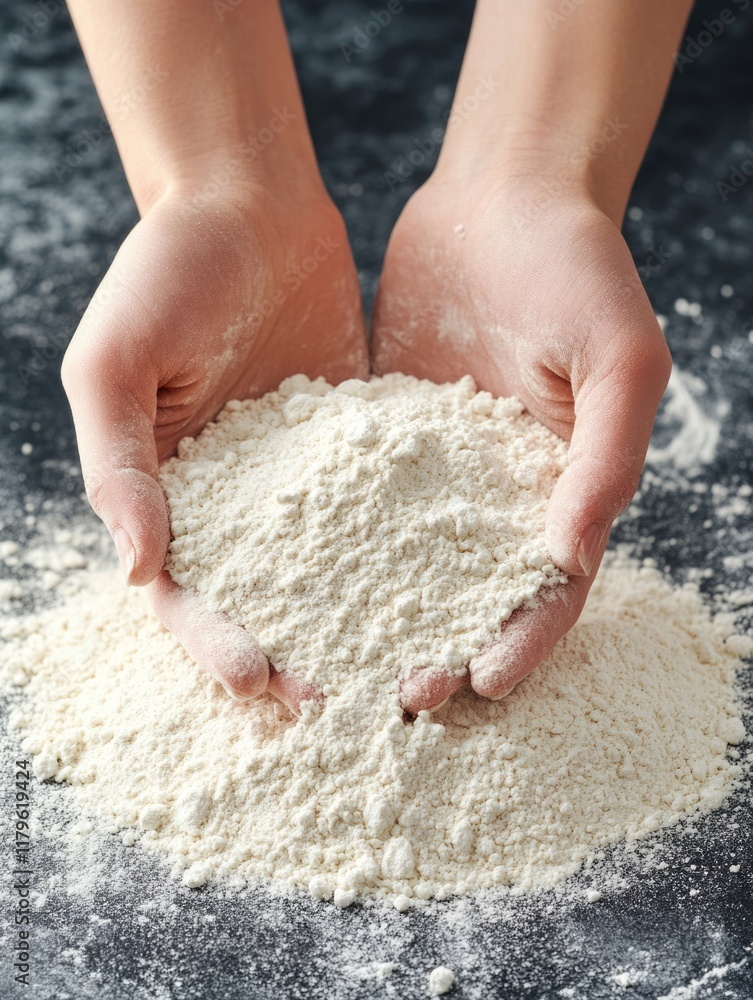 Poster hands of a person holding a mound of white flour on a dark kitchen table with a vertical composition