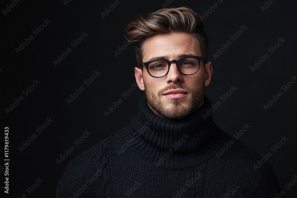 Poster elegant man in black turtleneck sweater exuding confidence against dark background with ample negati