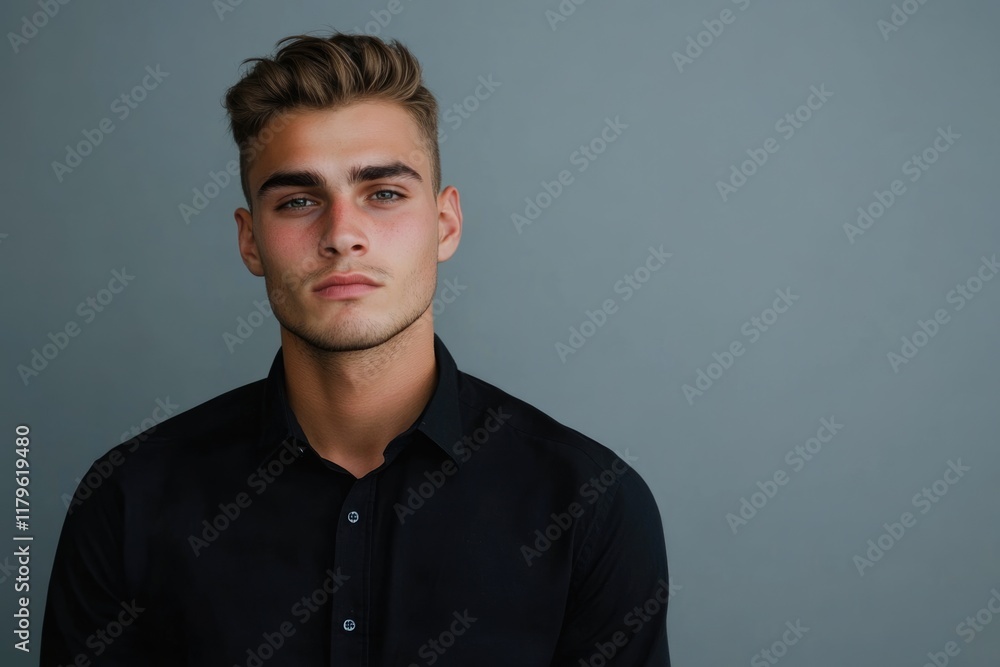 Poster handsome young man in a black shirt displaying a range of emotions on a soft gray background with am