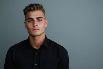 Handsome young man in a black shirt displaying a range of emotions on a soft gray background with ample negative space for text and design elements.
