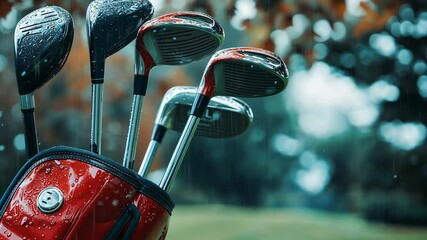 Golf clubs rest in a wet bag during a rainy day on the course in a lush green landscape