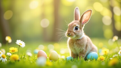 Fototapeta premium A fluffy Easter bunny surrounded by vibrant green grass and colorful eggs, set against a sunny outdoor backdrop