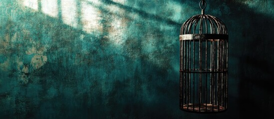 Rusty birdcage hanging against a textured teal wall with dramatic shadows and ample empty space for text or design elements.