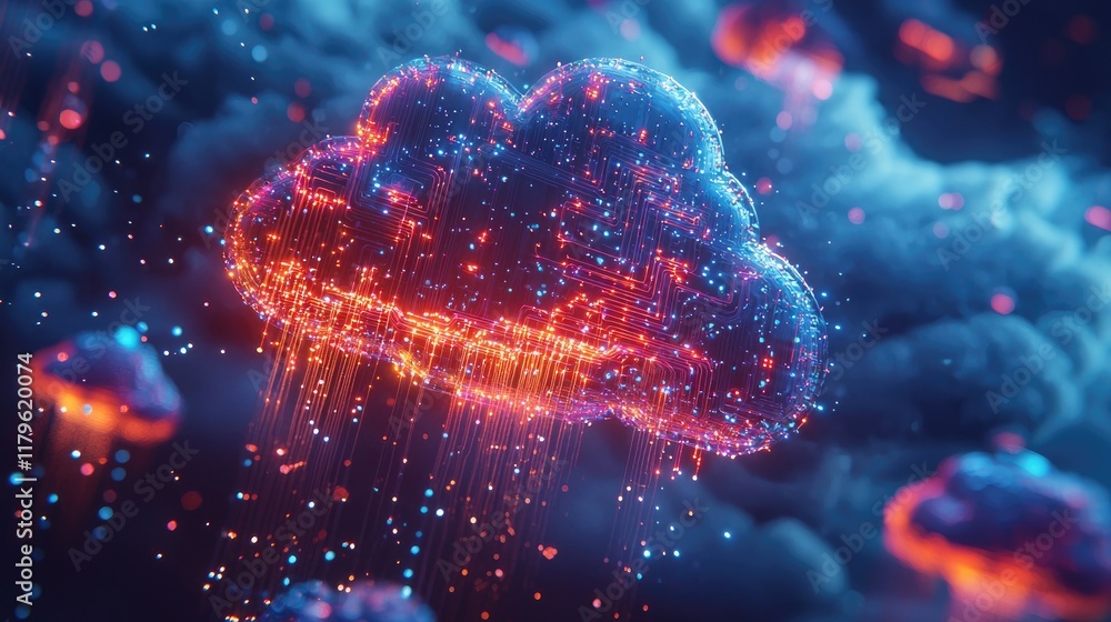 Poster A vibrant digital representation of cloud storage, featuring glowing circuits and flowing data streams, embodying modern technology and innovation in a captivating way.