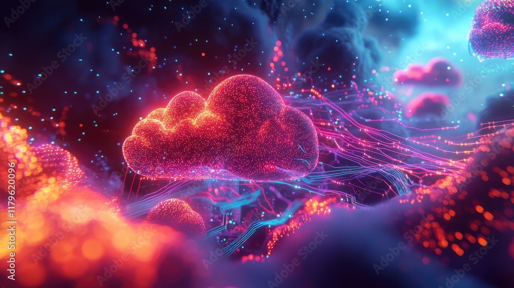 Poster A vibrant digital representation of cloud storage, featuring glowing circuits and flowing data streams, embodying modern technology and innovation in a captivating way.