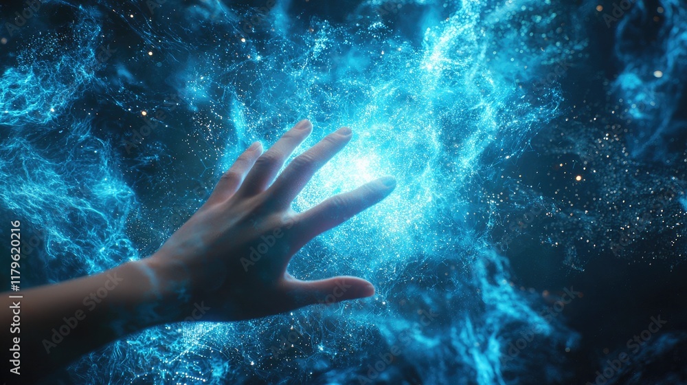 Poster a hand reaching towards a luminous blue cloud represents the concept of digital storage and data tra