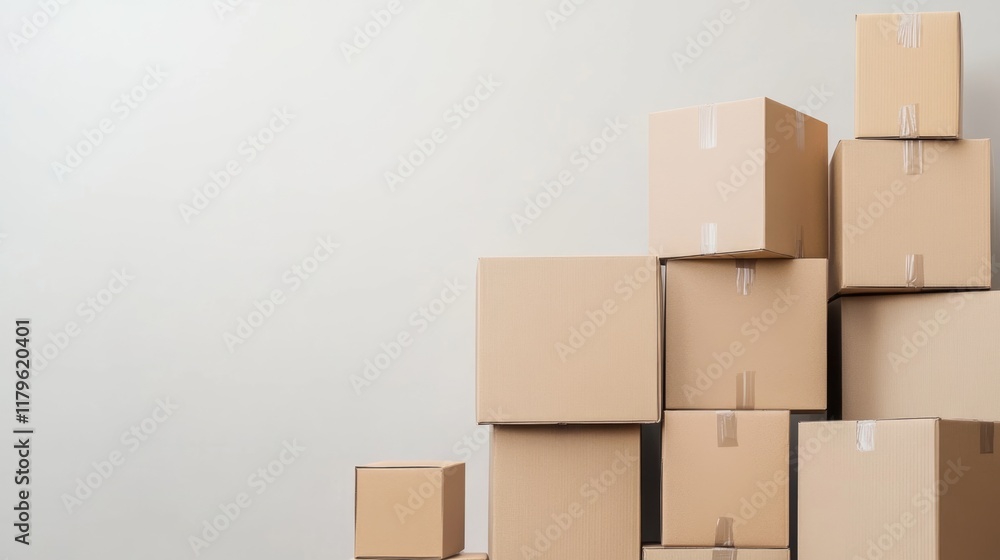 Poster stacked cardboard boxes in a neutral light beige setting with ample empty space for text, ideal for 