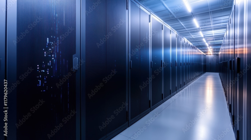Poster expansive data center hallway with rows of high-tech servers illuminated by cool blue lights creatin