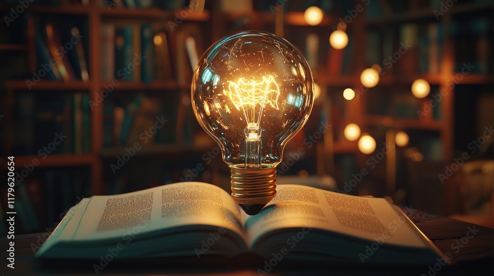 Poster a glowing light bulb sits atop an open book, casting a warm glow in a cozy atmosphere. the backgroun