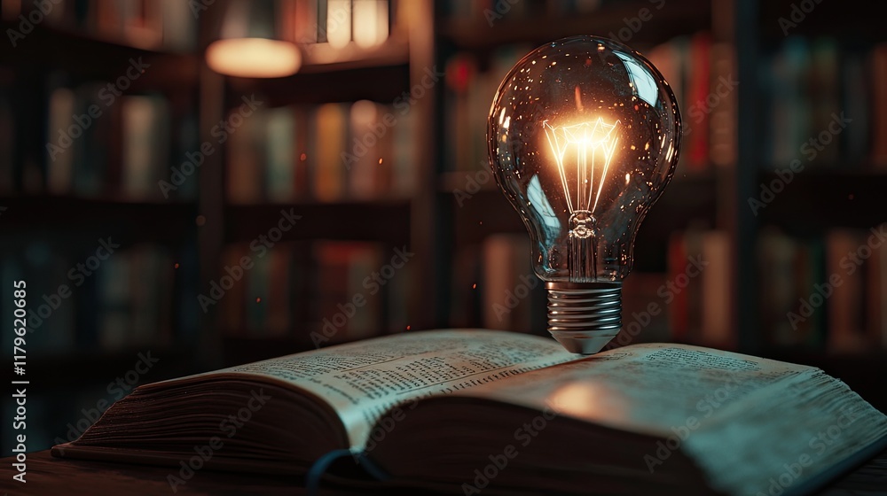Poster a glowing light bulb sits atop an open book, casting a warm glow in a cozy atmosphere. the backgroun