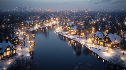 Snowy winter night aerial view of waterfront homes.