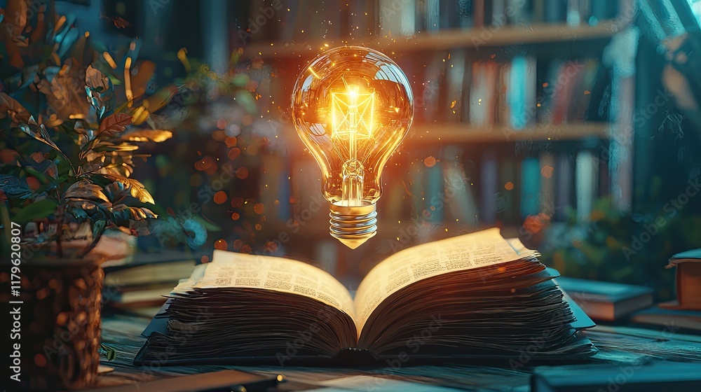 Poster an enchanting image of a glowing light bulb floating above an open book, set in a cozy library, symb